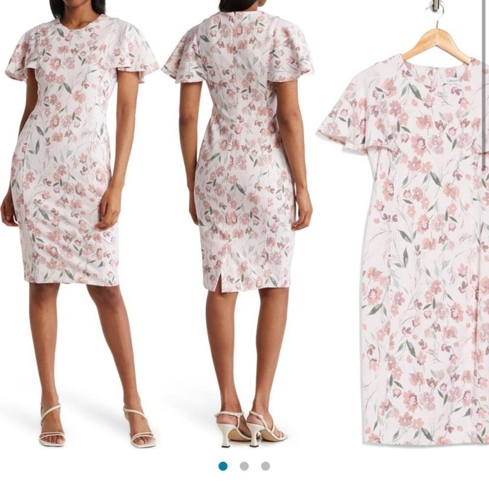 Calvin Klein Pink Floral Sheath Dress Knee Length Flutter Sleeve Women’s 6 New
